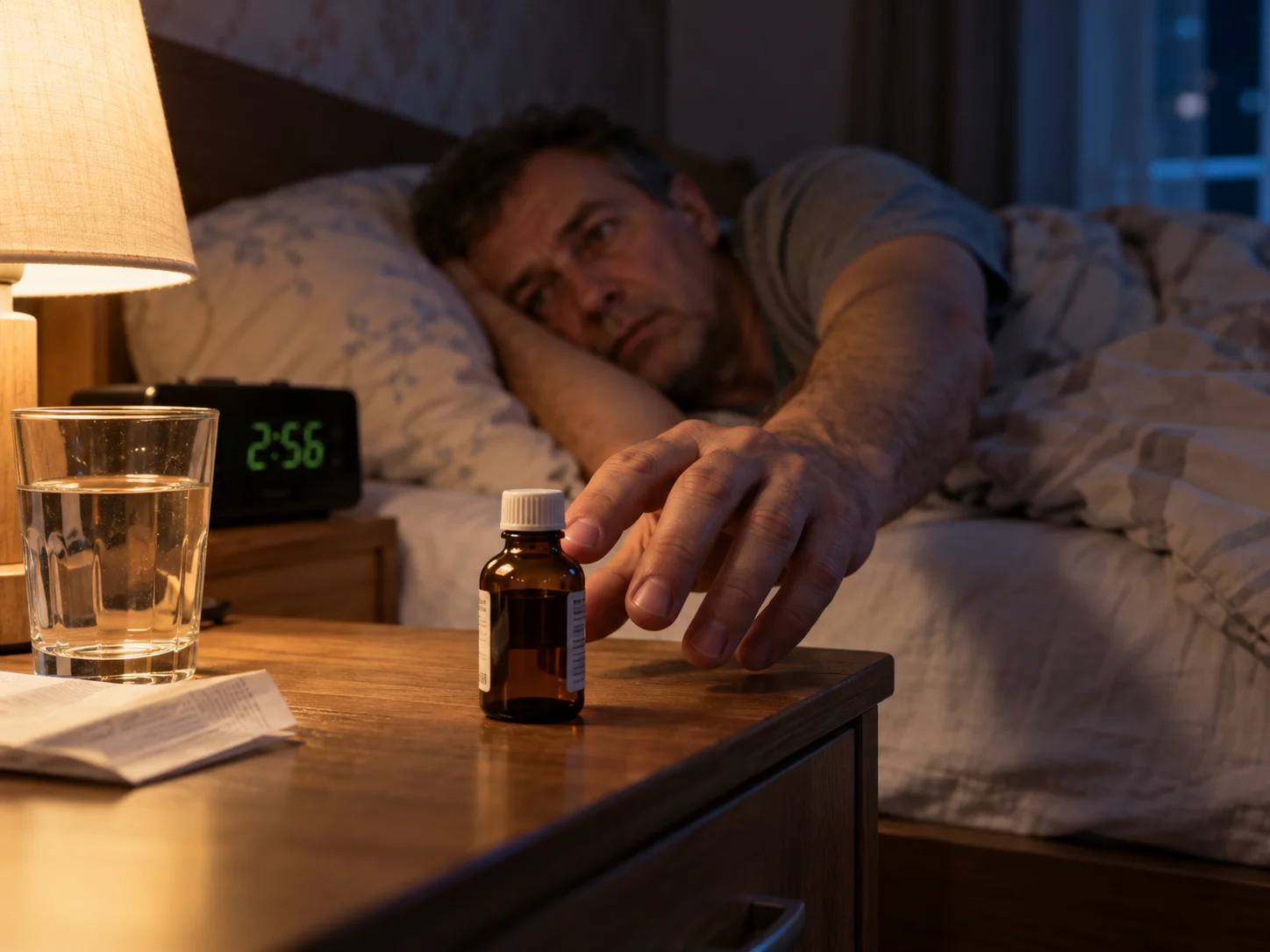 Мужчина ночью тянется к бутылочке корвалола